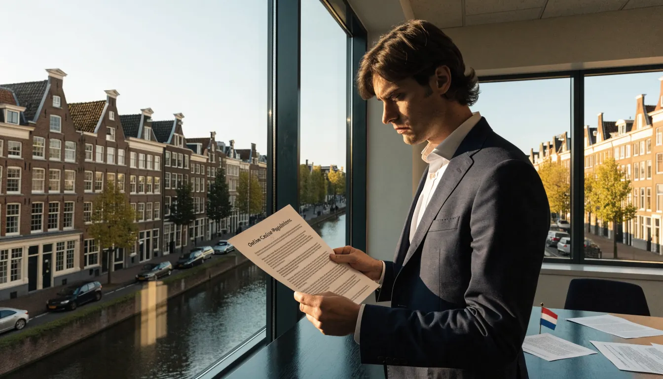 Nederlandse advocaat met wettelijke documenten in kantoor met grachtenzicht