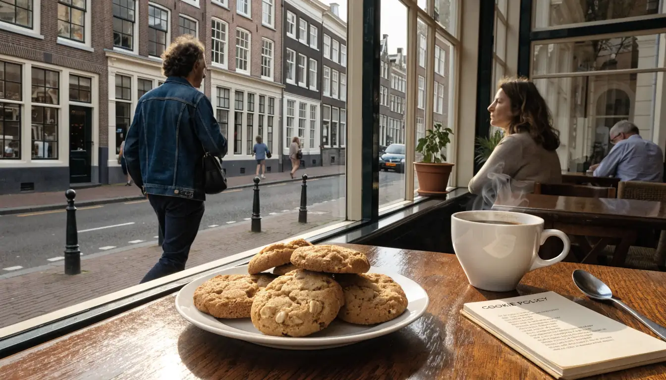 Hollandse café met koekjes, koffie en beleidsdocument op tafel