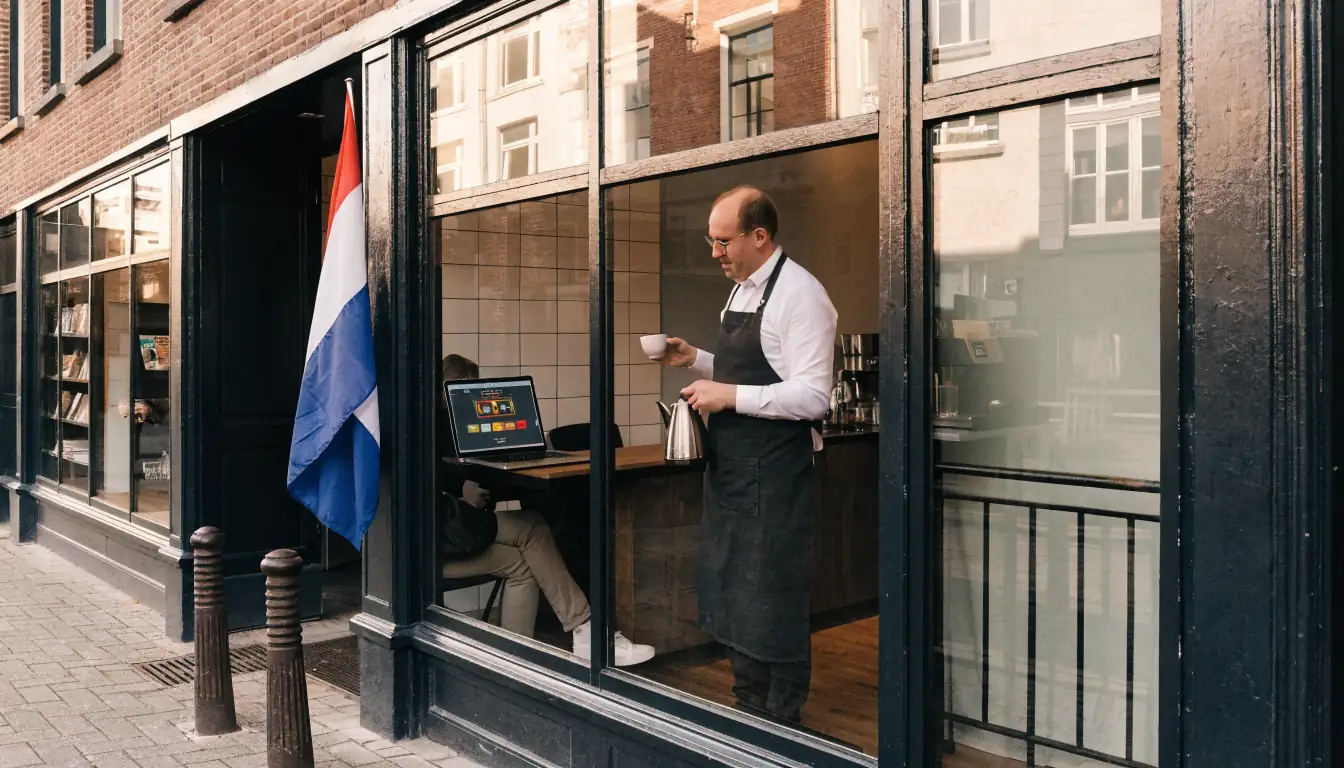 Modern café met laptop en Nederlands vlag op de achtergrond