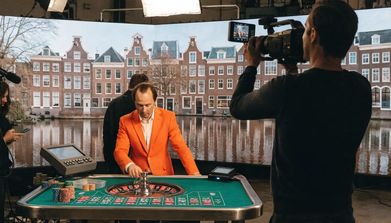Live dealer met Nederlandse oranje blazer achter roulette tafel