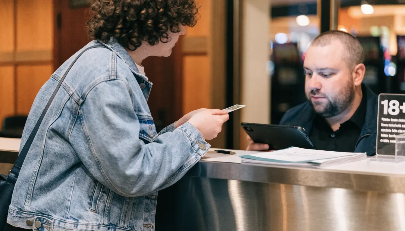 Jongvolwassene toont ID aan beveiliger bij casino receptie