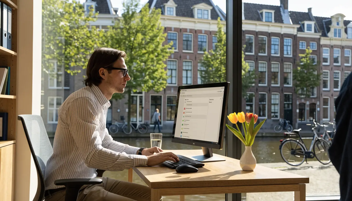 Moderne Nederlandse werkplek met medewerker, computer en tulpen
