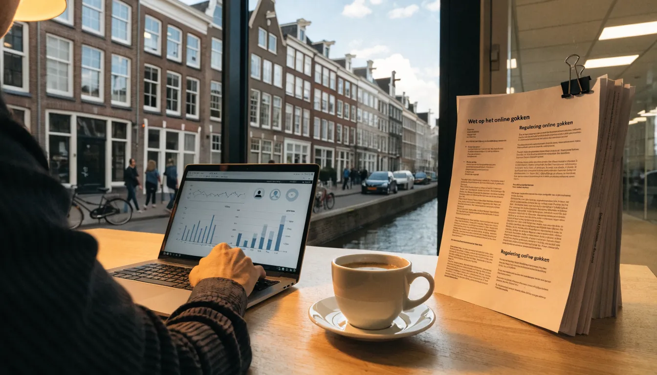 Modern kantoorscène met laptop, documenten en Amsterdams grachtenzicht