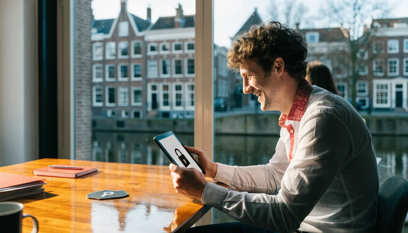 Data protection officer in Dutch office met privacy symbolen