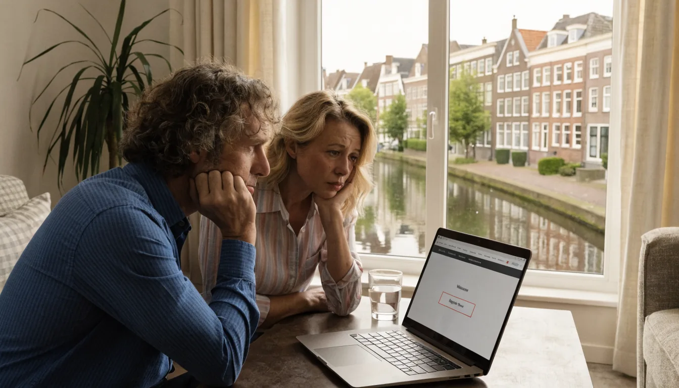 Nederlands stel kijkt bezorgd naar gokwebsite op laptop in woonkamer.