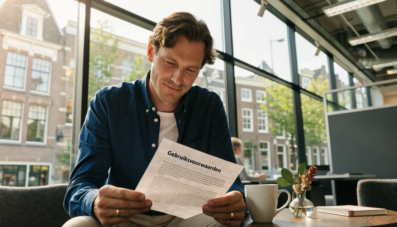 Nederlandse persoon leest gebruiksvoorwaarden aan tafel