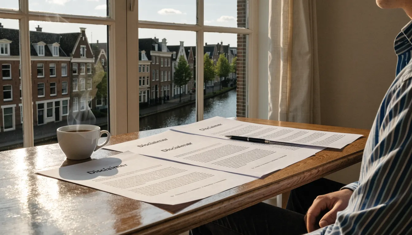 Kantoor met disclaimer documenten, koffie en Nederlands grachtenbeeld